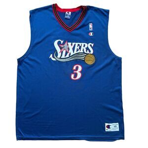 Vintage 90s Allen Iverson #3 Philadelphia 76ers Champion Blue Jersey Size L 48